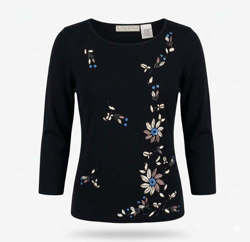 Black Embroidered Floral Top Womens M 3/4 Sleeve Boho Cottagecore